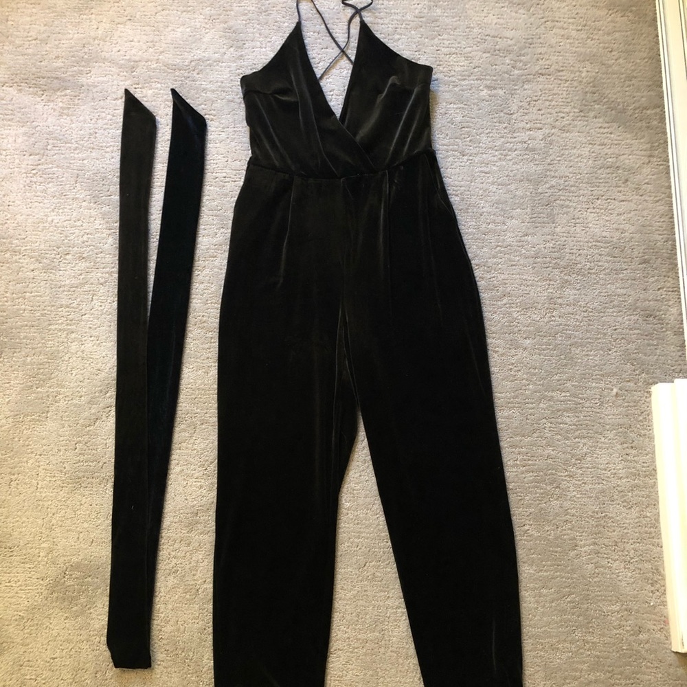 Black velvet jumpsuit w/ belt